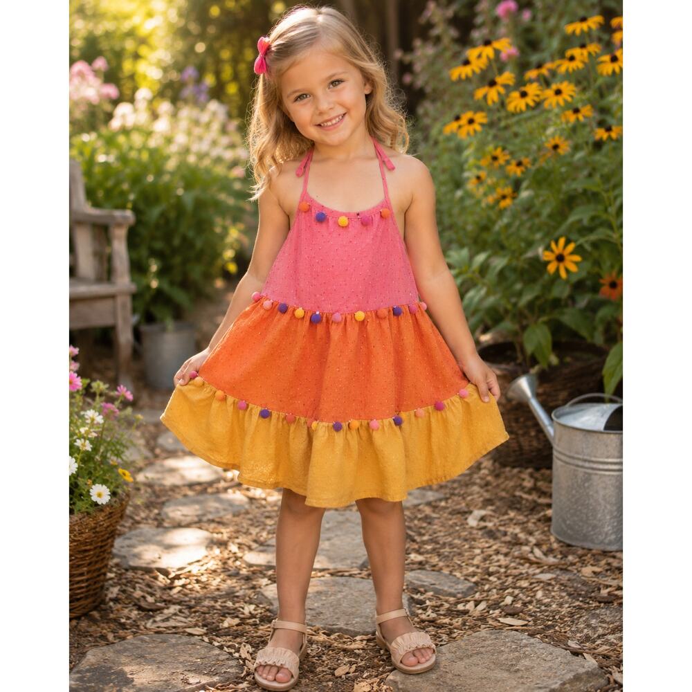 Tommy Bahama Girls Sundress Size 4 Tiered Colorblock Halter Pom Pom Dress